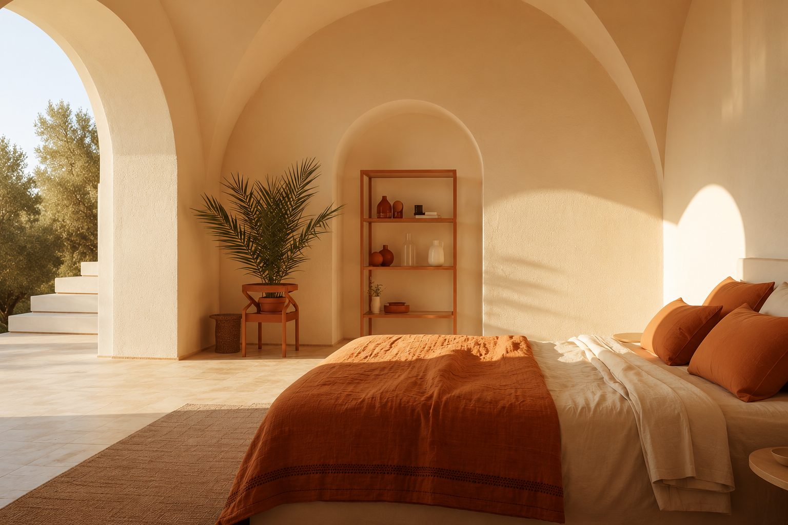 Sunlit Gold Coast style bedroom with terracotta linen