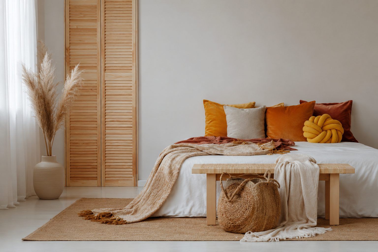 Warm, styled Gold Coast bedroom interior